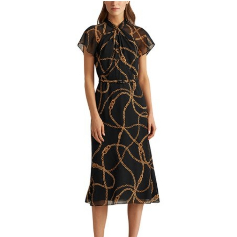 New nwot Ralph Lauren chiffon gold chain midi dress flutter sleeve size 14 - 16